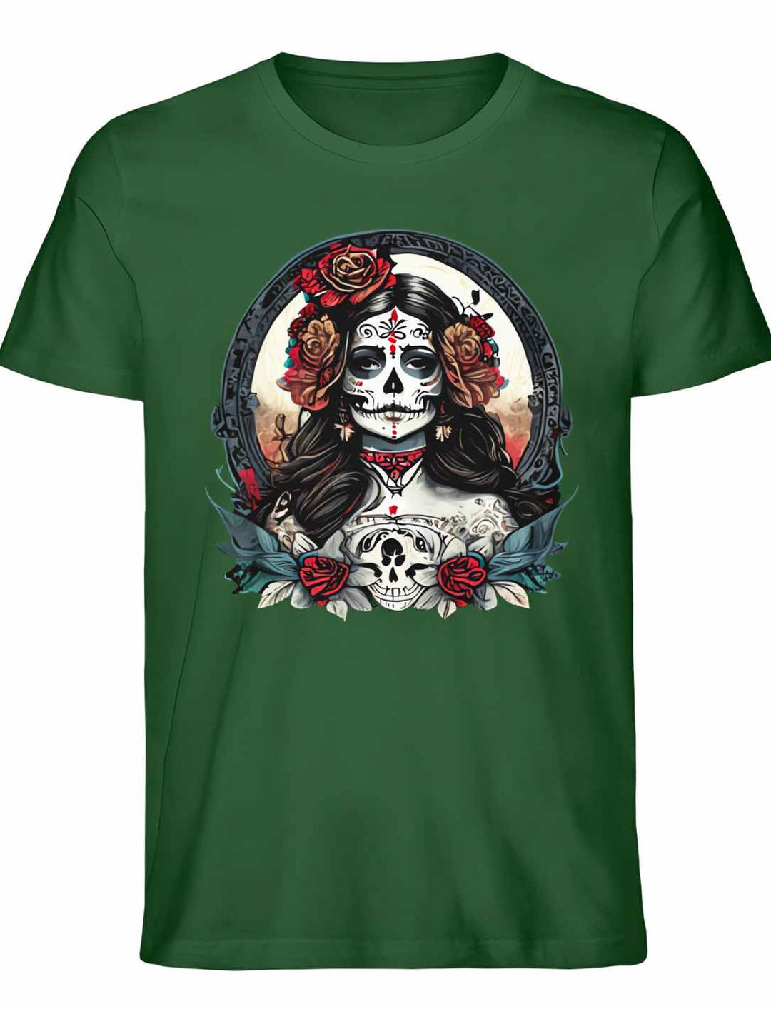 Unisex La Catrina Shirt, Ikone des Día de los Muertos, aus Bio-Baumwolle in tiefem Bottle Green – Runental.de