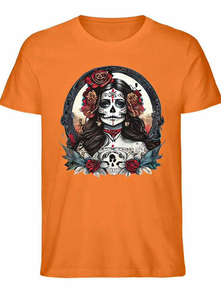 Unisex La Catrina Shirt, Darstellung mexikanischer Folklore, aus Bio-Baumwolle in lebhaftem Orange – Runental.de