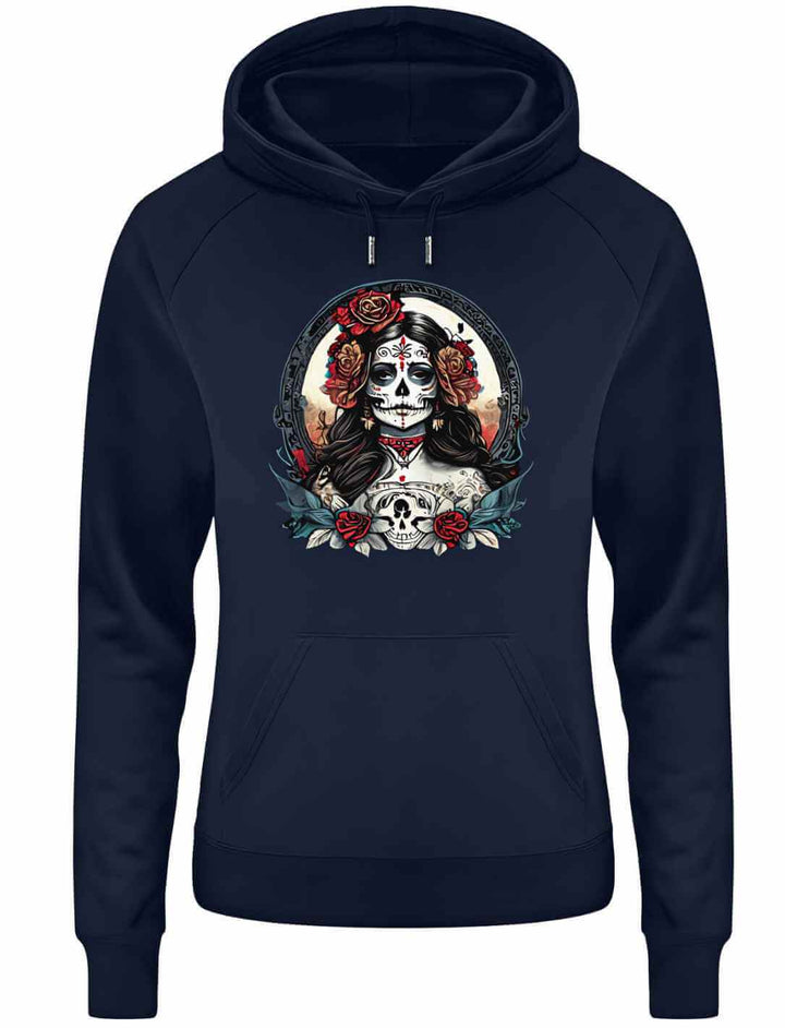 La Catrina Organic Damen Hoodie, Herzstück des Día de los Muertos, aus Bio-Baumwolle in stilvollem French Navy – Runental.de.