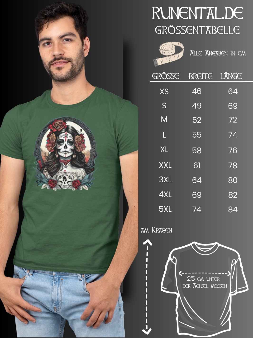 Größentabelle für das La Catrina Unisex Organic T-Shirt, zur präzisen Auswahl deiner idealen Passform – Runental.de
