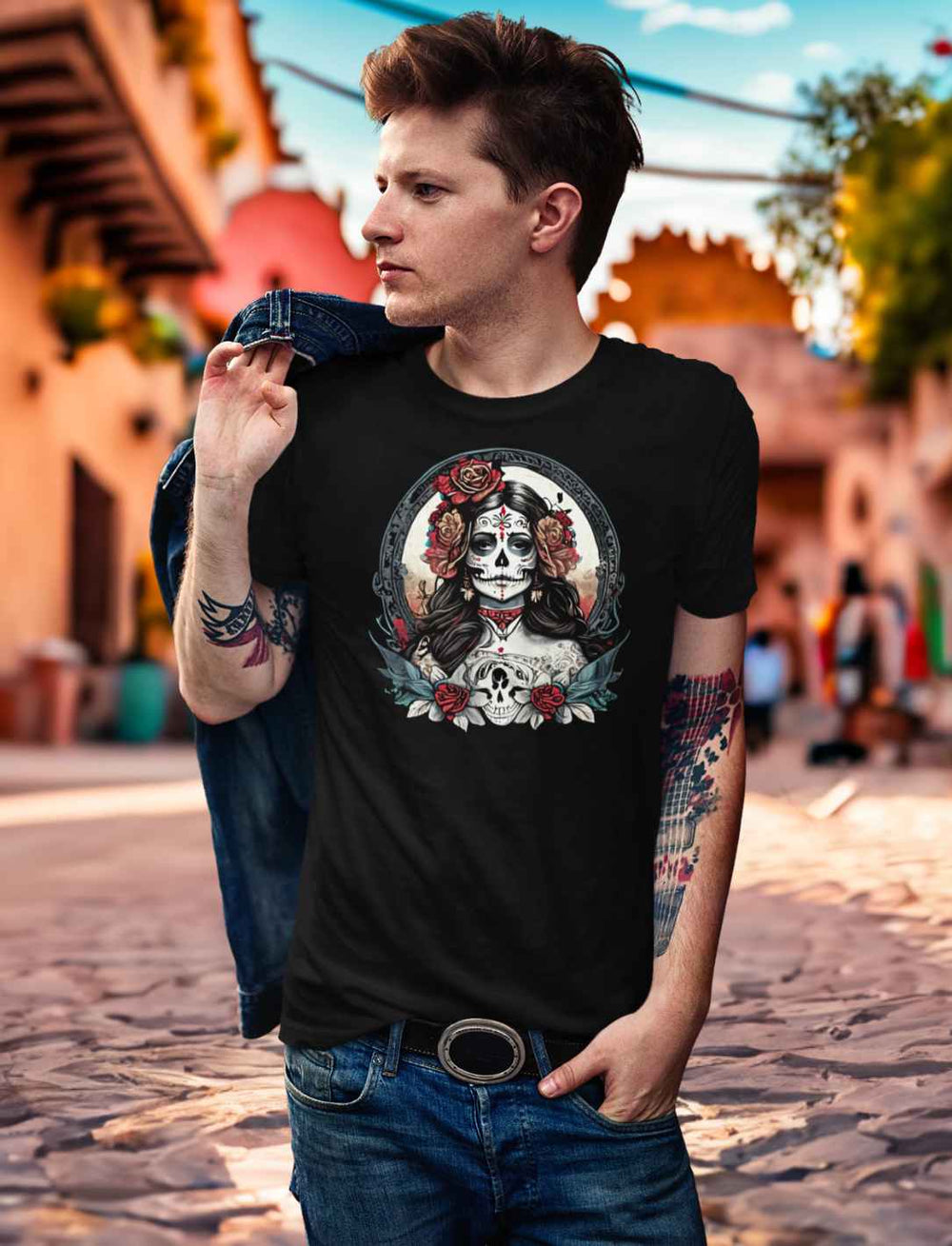 Junger Mann in Mexiko trägt das Unisex La Catrina Shirt in Schwarz auf einer Straße am Día de los Muertos – Runental.de
