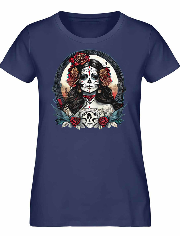 Damen La Catrina Shirt, Herzstück des Día de los Muertos, aus Bio-Baumwolle in stilvollem French Navy – Runental.de