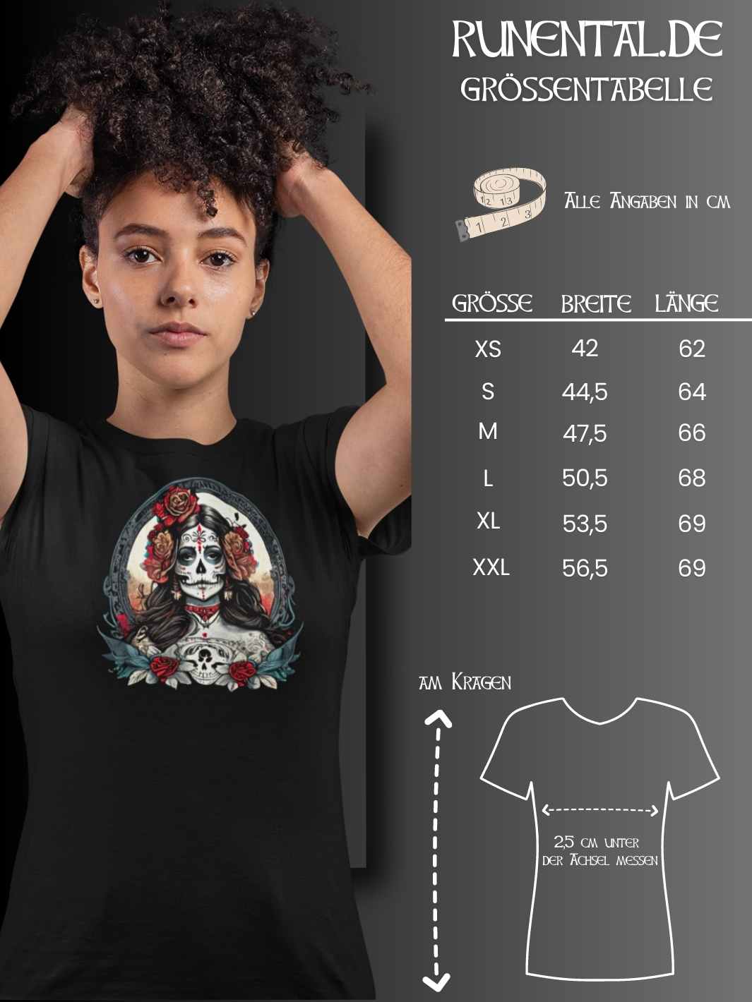 Größentabelle für das La Catrina Organic Damen Shirt, zur optimalen Bestimmung der passenden Größe – Runental.de.