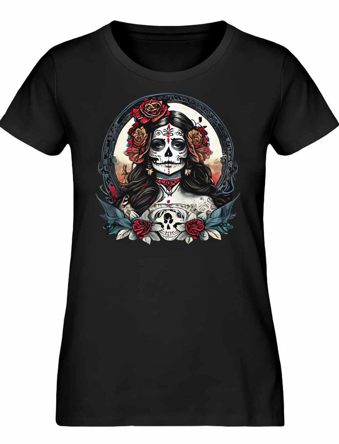 Damen La Catrina Shirt, Symbol des mexikanischen Totenfestes, aus Bio-Baumwolle in elegantem Schwarz – Runental.de