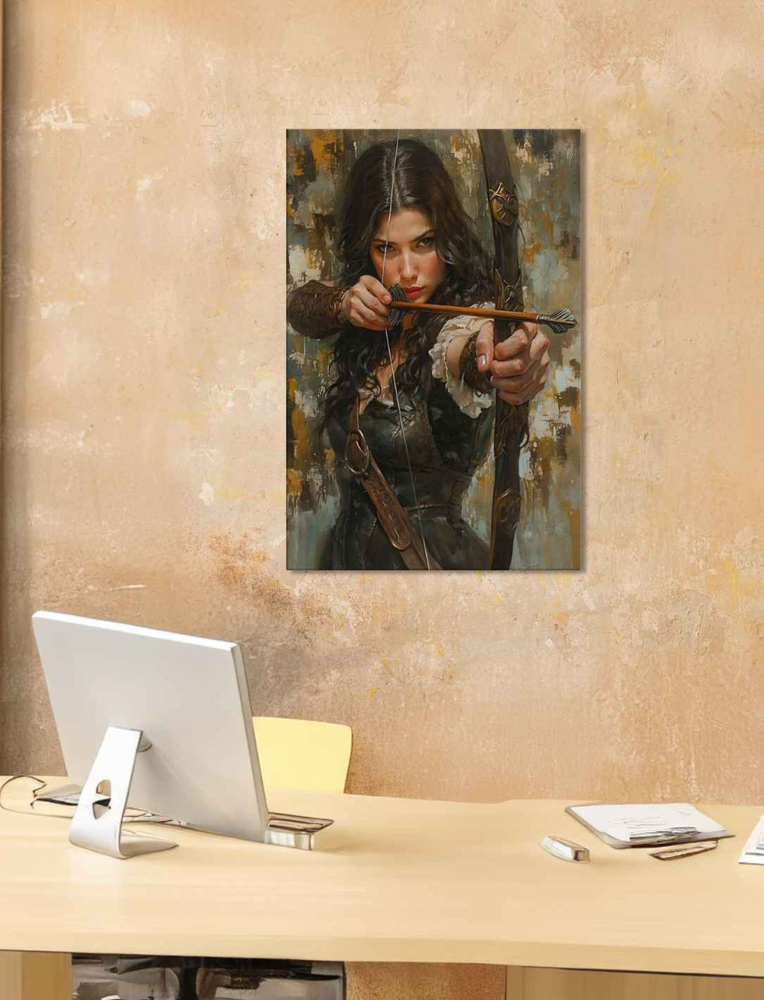 Lady Marian vom Sherwood Forest – Leinwand im Ölgemälde-Look, Größe 60x90 cm, aufgehängt in einem Büro.