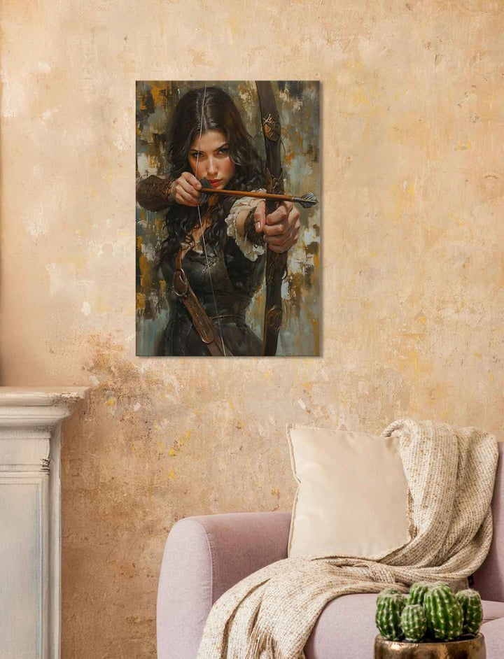 Lady Marian vom Sherwood Forest – Leinwand im Ölgemälde-Look, Größe 60x90 cm, aufgehängt in einem Wohnzimmer mit brauner Wand.