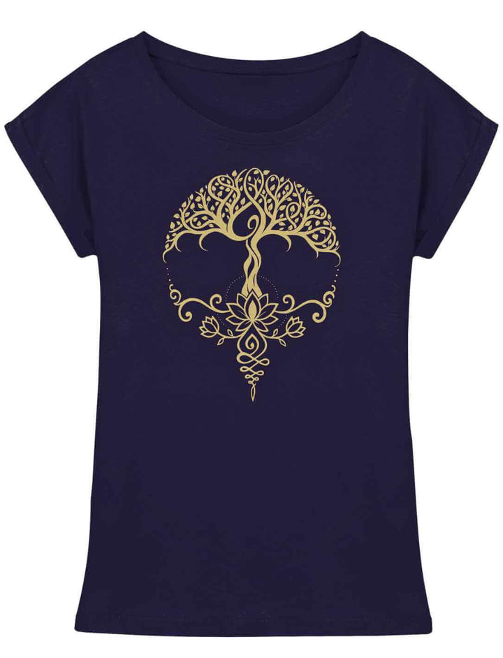 Dunkelblaues Damen Longfit Shirt mit goldenem Lebensbaum und Lotus-Motiv