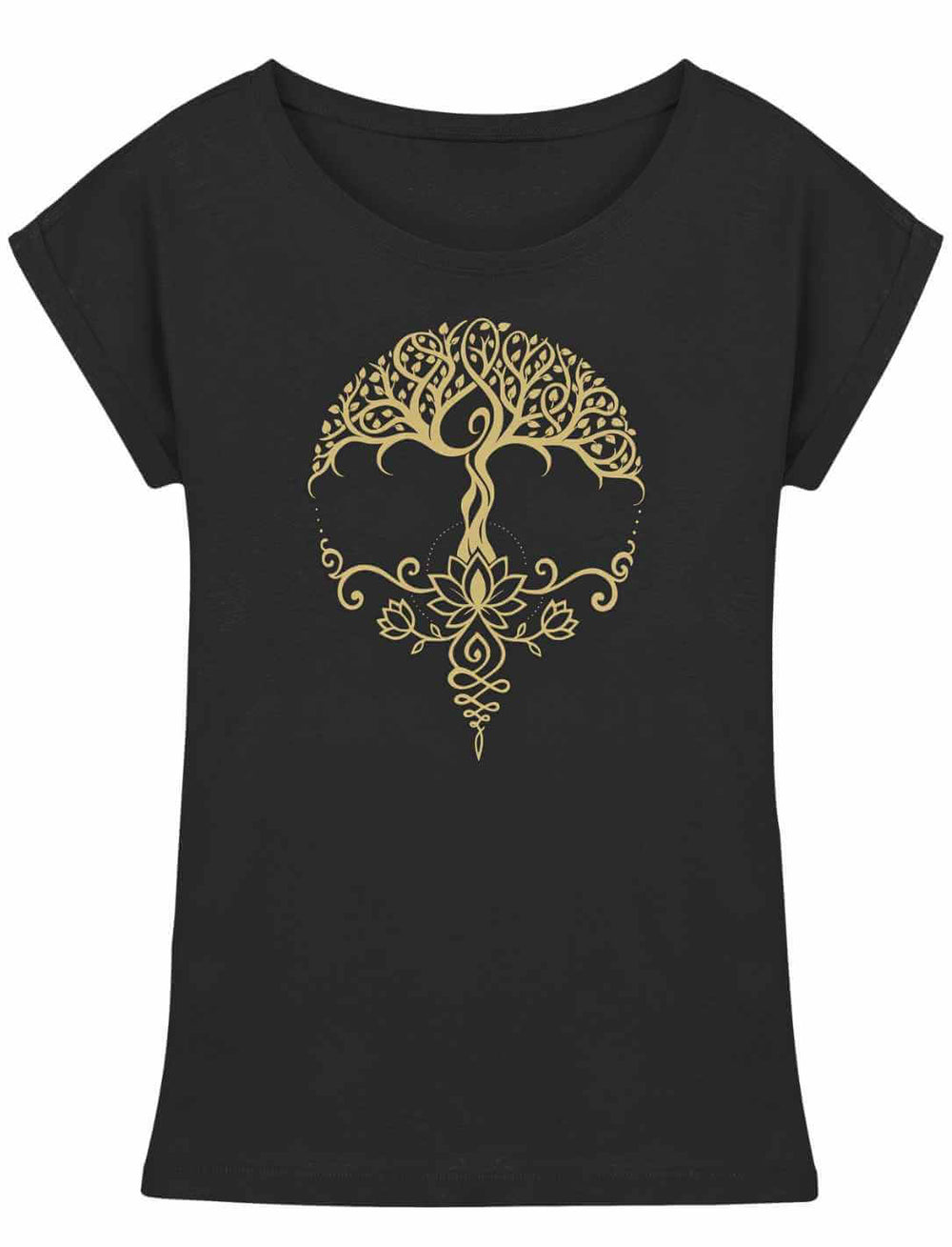Schwarzes Damen Longfit Shirt mit goldenem Lebensbaum und Lotus-Design