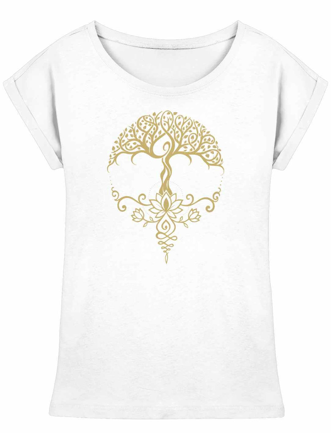 Weißes Damen Longfit Shirt mit goldenem Lebensbaum und Lotus-Design