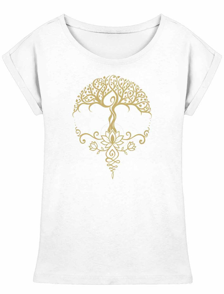 Weißes Damen Longfit Shirt mit goldenem Lebensbaum und Lotus-Design