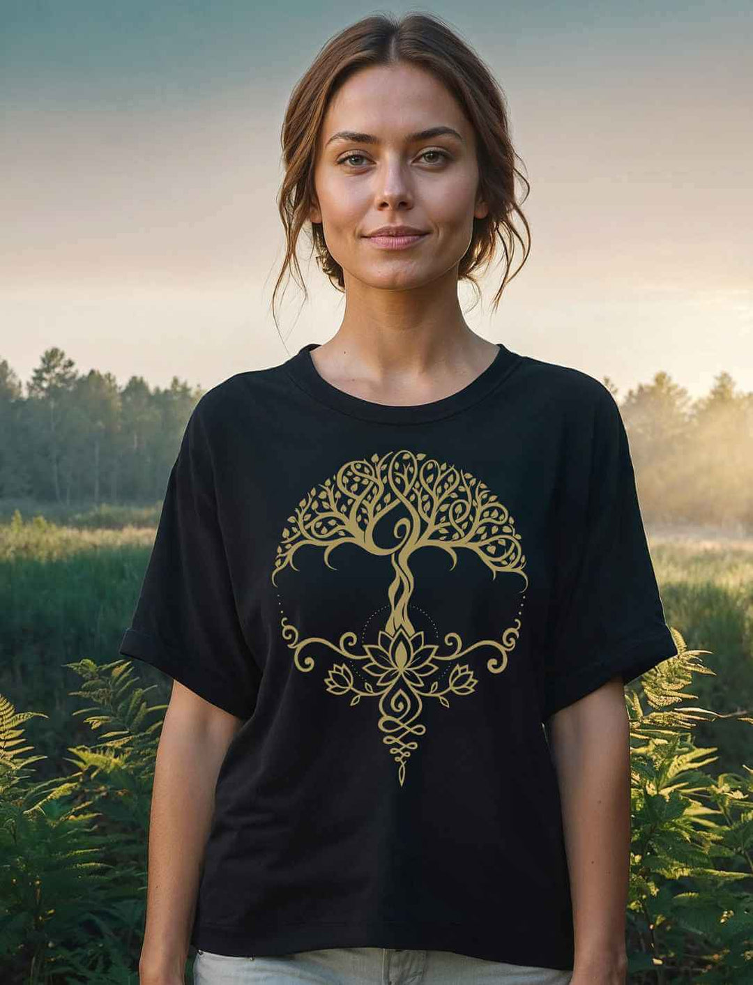 Frau im entspannten Morgenlicht, trägt schwarzes Damen Relaxed Shirt mit goldenem Lebensbaum-Design vor Waldkulisse