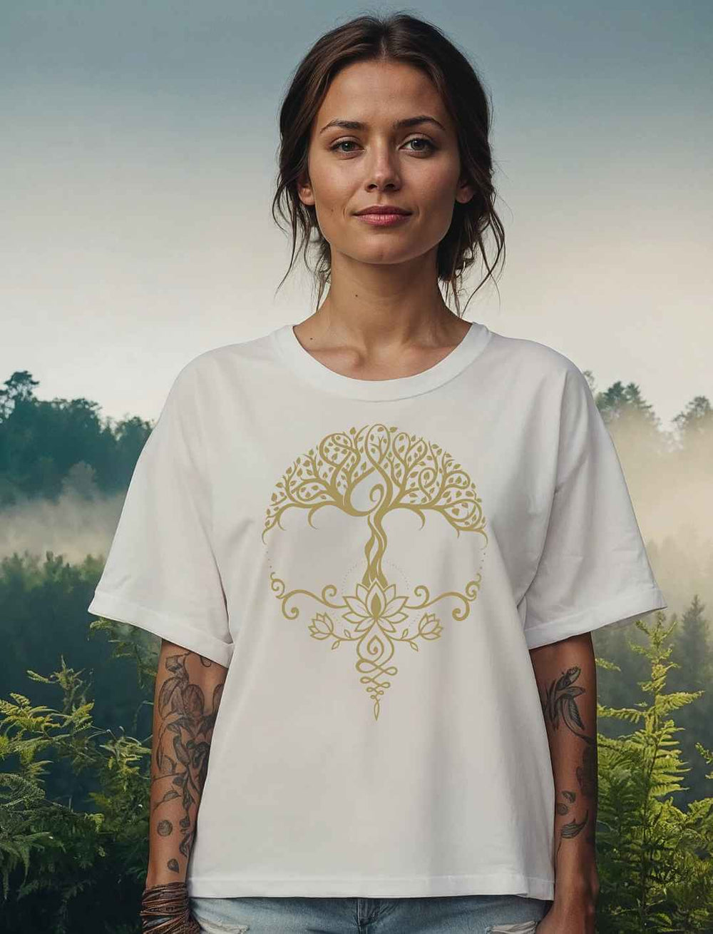 Weißes Damen Relaxed Shirt mit goldenem Lebensbaum und Dolman-Ärmeln – getragen im Freien