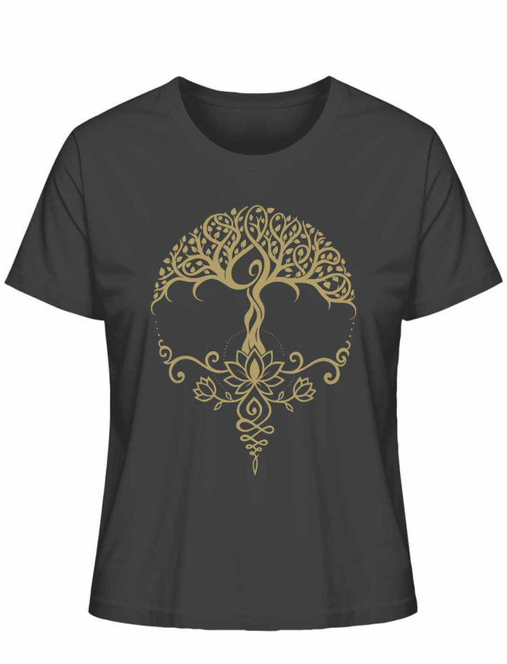 Anthrazitfarbenes Damen-Shirt mit feinem „Lebensbaum der Achtsamkeit“-Design in Goldoptik