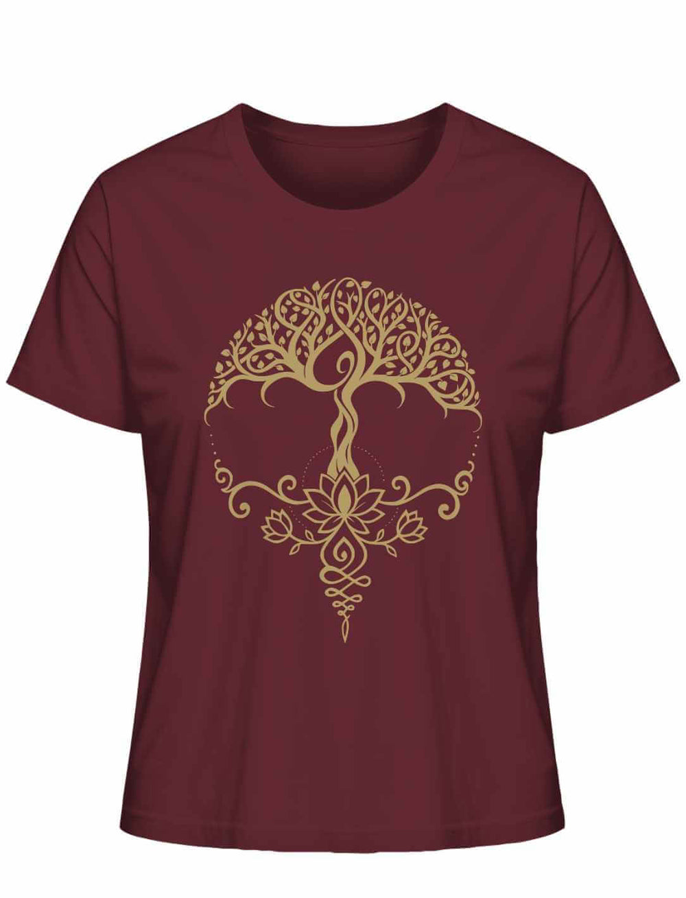 „Lebensbaum der Achtsamkeit“ Damen Organic Shirt in Burgund mit goldener Baum-Lotus-Grafik