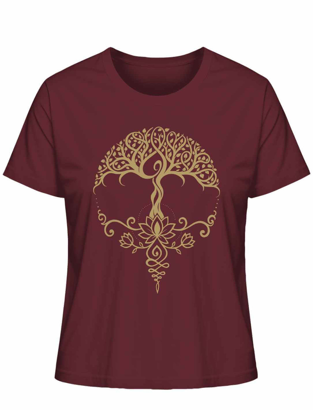 „Lebensbaum der Achtsamkeit“ Damen Organic Shirt in Burgund mit goldener Baum-Lotus-Grafik