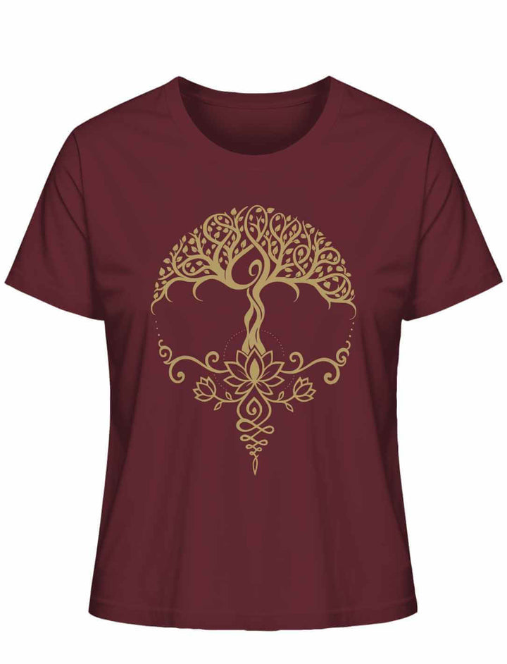 „Lebensbaum der Achtsamkeit“ Damen Organic Shirt in Burgund mit goldener Baum-Lotus-Grafik