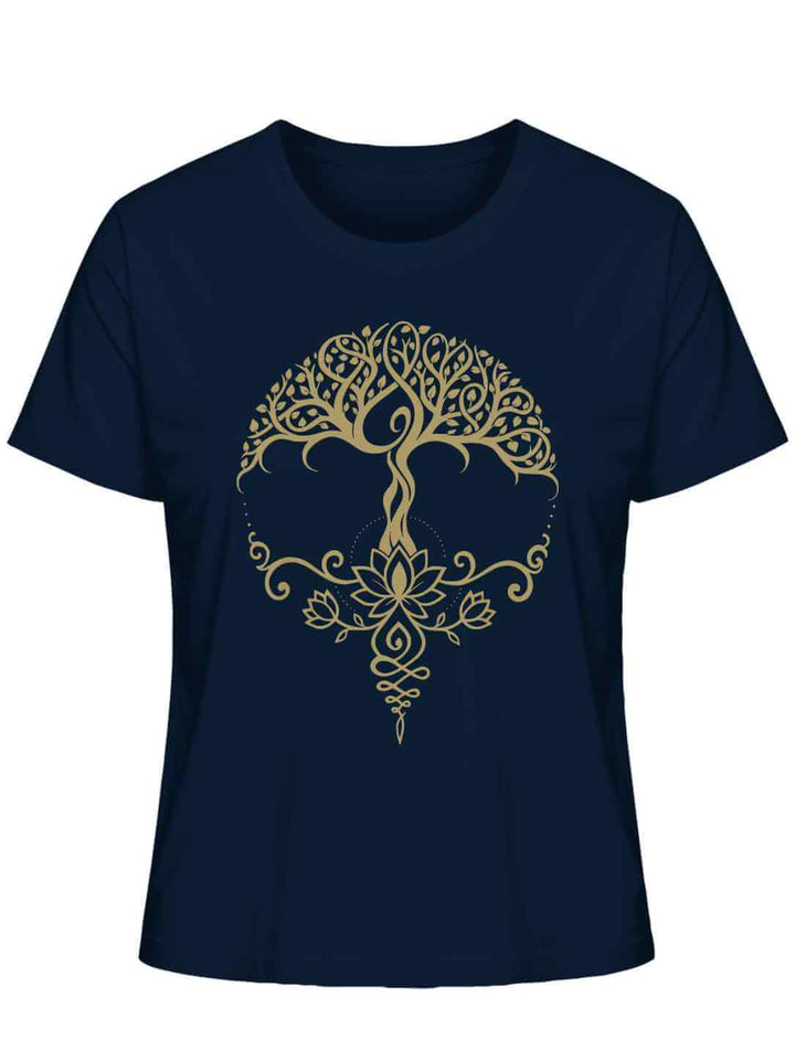 Damen Bio-Shirt in French Navy mit goldfarbenem Motiv „Lebensbaum der Achtsamkeit“