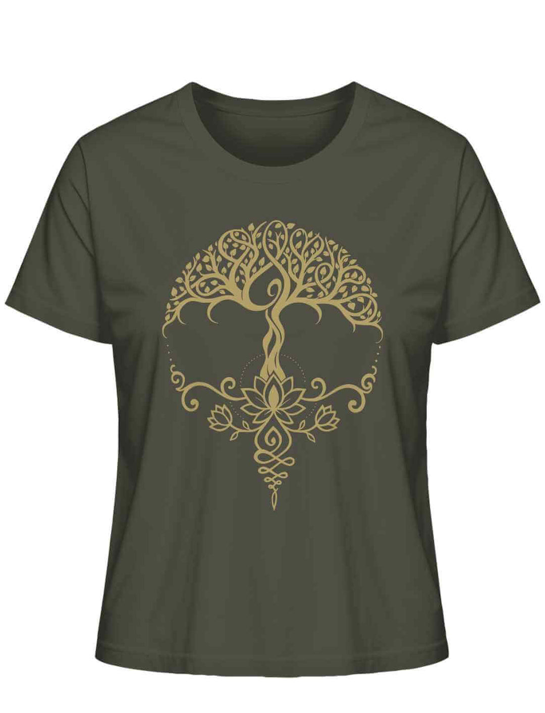 Khaki Damen-Shirt mit meditativem „Lebensbaum der Achtsamkeit“-Motiv aus der Runental-Kollektion
