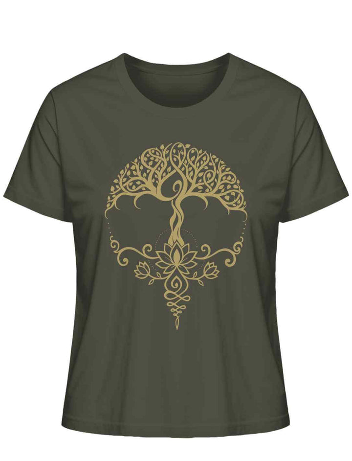 Khaki Damen-Shirt mit meditativem „Lebensbaum der Achtsamkeit“-Motiv aus der Runental-Kollektion