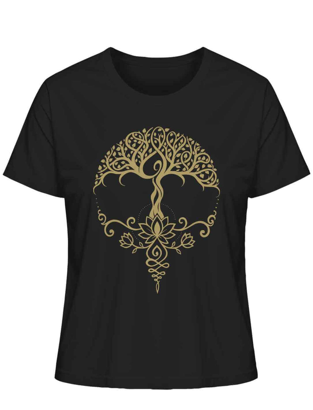 „Lebensbaum der Achtsamkeit“ Damen-Shirt in Schwarz – Motiv mit goldfarbenem Lebensbaum und Lotus