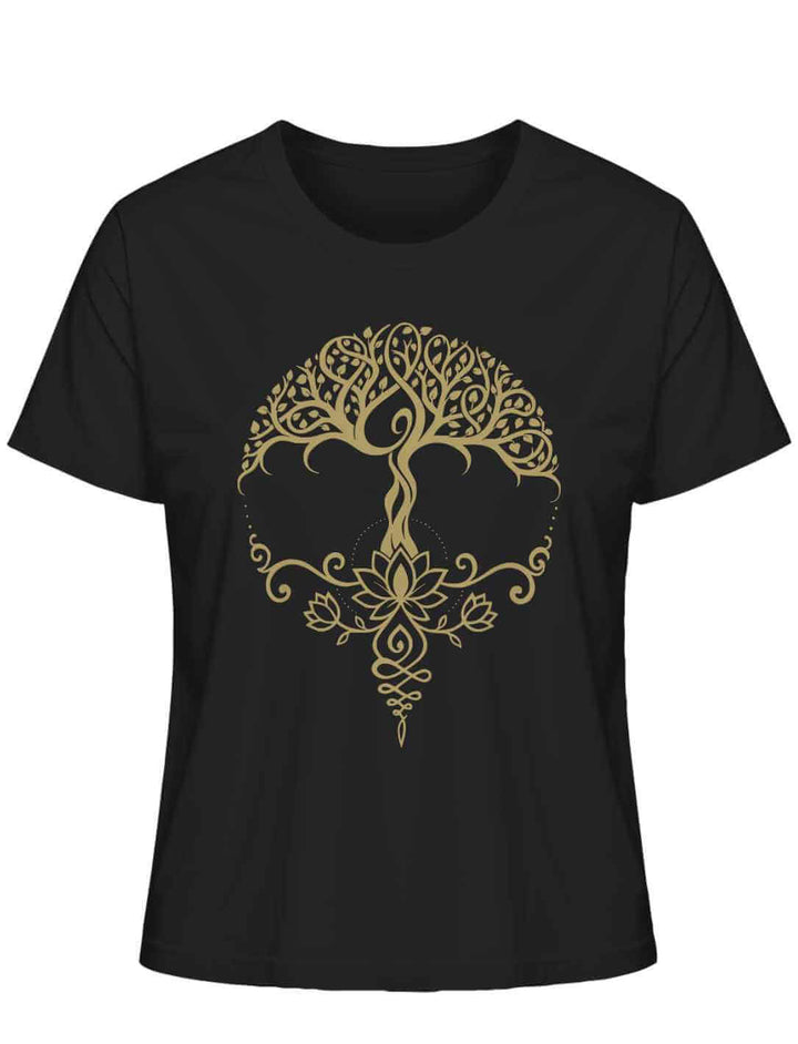 „Lebensbaum der Achtsamkeit“ Damen-Shirt in Schwarz – Motiv mit goldfarbenem Lebensbaum und Lotus