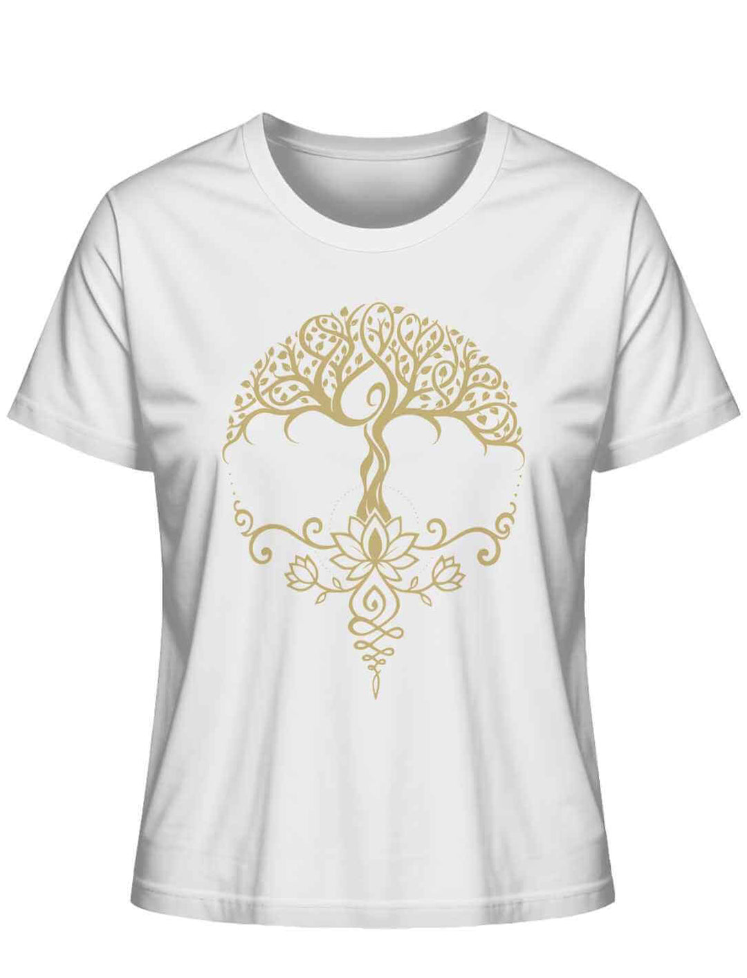 Weißes Damen-Shirt mit goldfarbenem „Lebensbaum der Achtsamkeit“-Design von Runental
