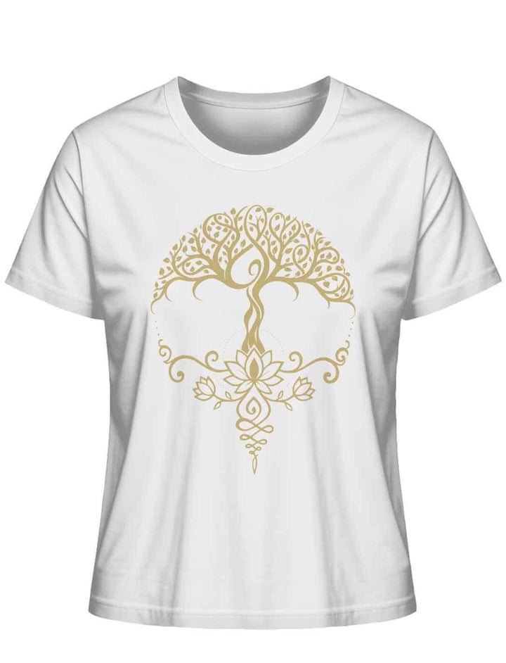Weißes Damen-Shirt mit goldfarbenem „Lebensbaum der Achtsamkeit“-Design von Runental