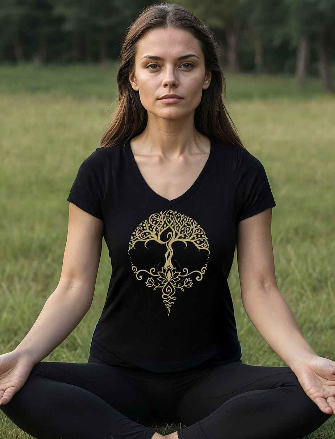Frau meditiert im Freien im schwarzen Damen V-Neck Shirt mit goldenem Lebensbaum-und-Lotus-Motiv
