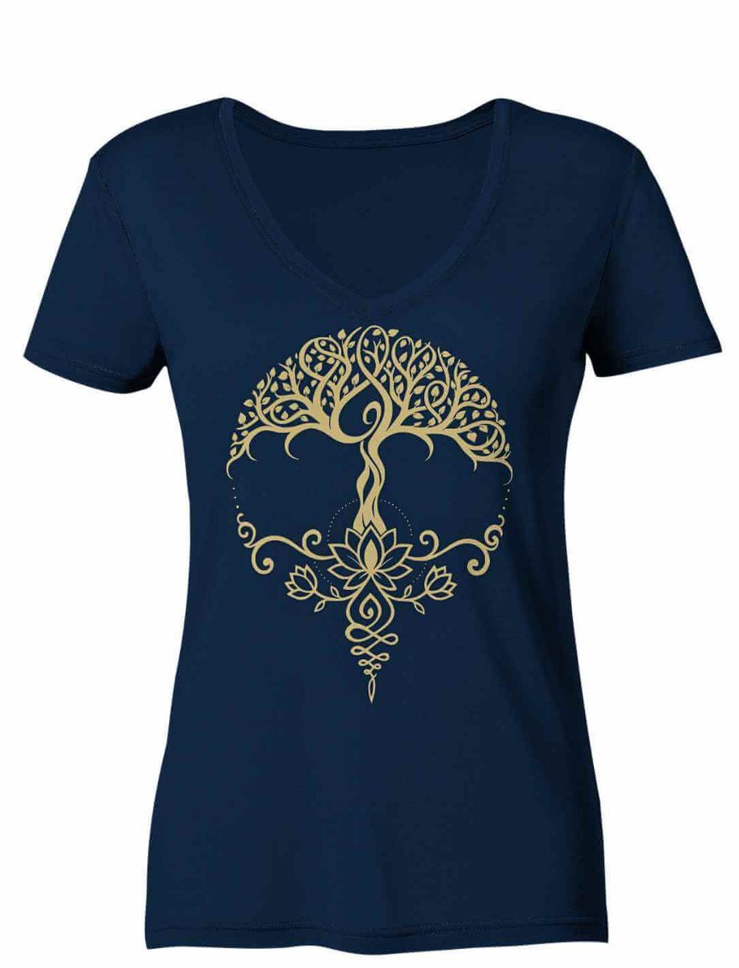 Dunkelblaues Damen V-Neck Bio-Shirt mit filigranem goldenen Baum-und-Lotus-Motiv