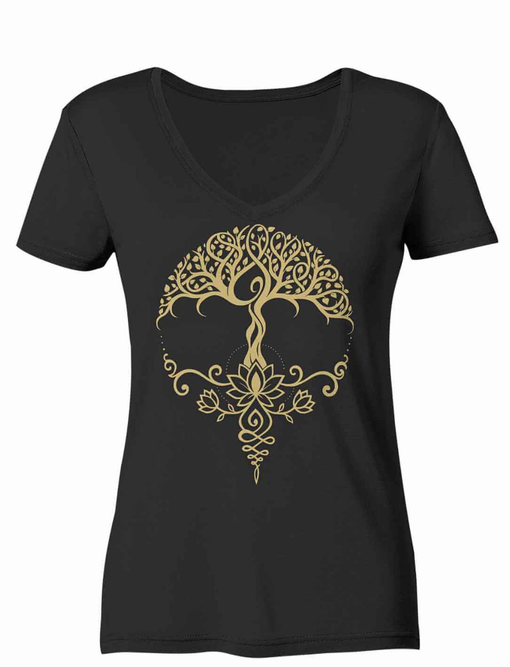Schwarzes Damen V-Neck Bio-Shirt mit goldenem Lebensbaum und Lotus-Blume