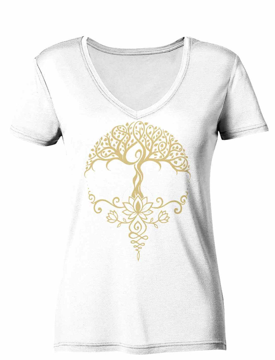 Weißes Damen V-Neck Bio-Shirt mit goldenem Lebensbaum-und-Lotus-Design