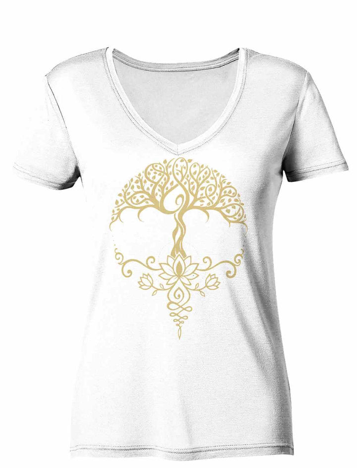 Weißes Damen V-Neck Bio-Shirt mit goldenem Lebensbaum-und-Lotus-Design