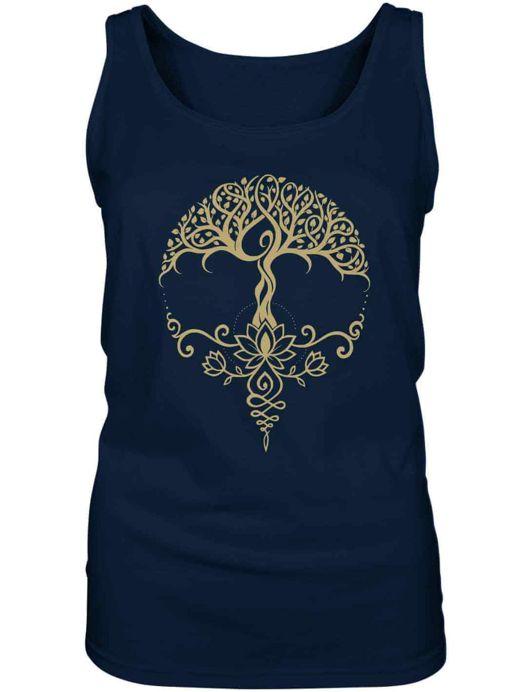 Dunkelblaues Damen Tank Top mit goldenem Lebensbaum-und-Lotus-Print – ruhig & kraftvoll in der Ausstrahlung