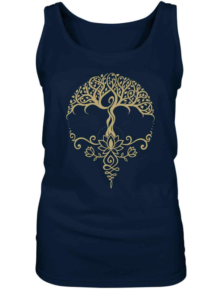Dunkelblaues Damen Tank Top mit goldenem Lebensbaum-und-Lotus-Print – ruhig & kraftvoll in der Ausstrahlung