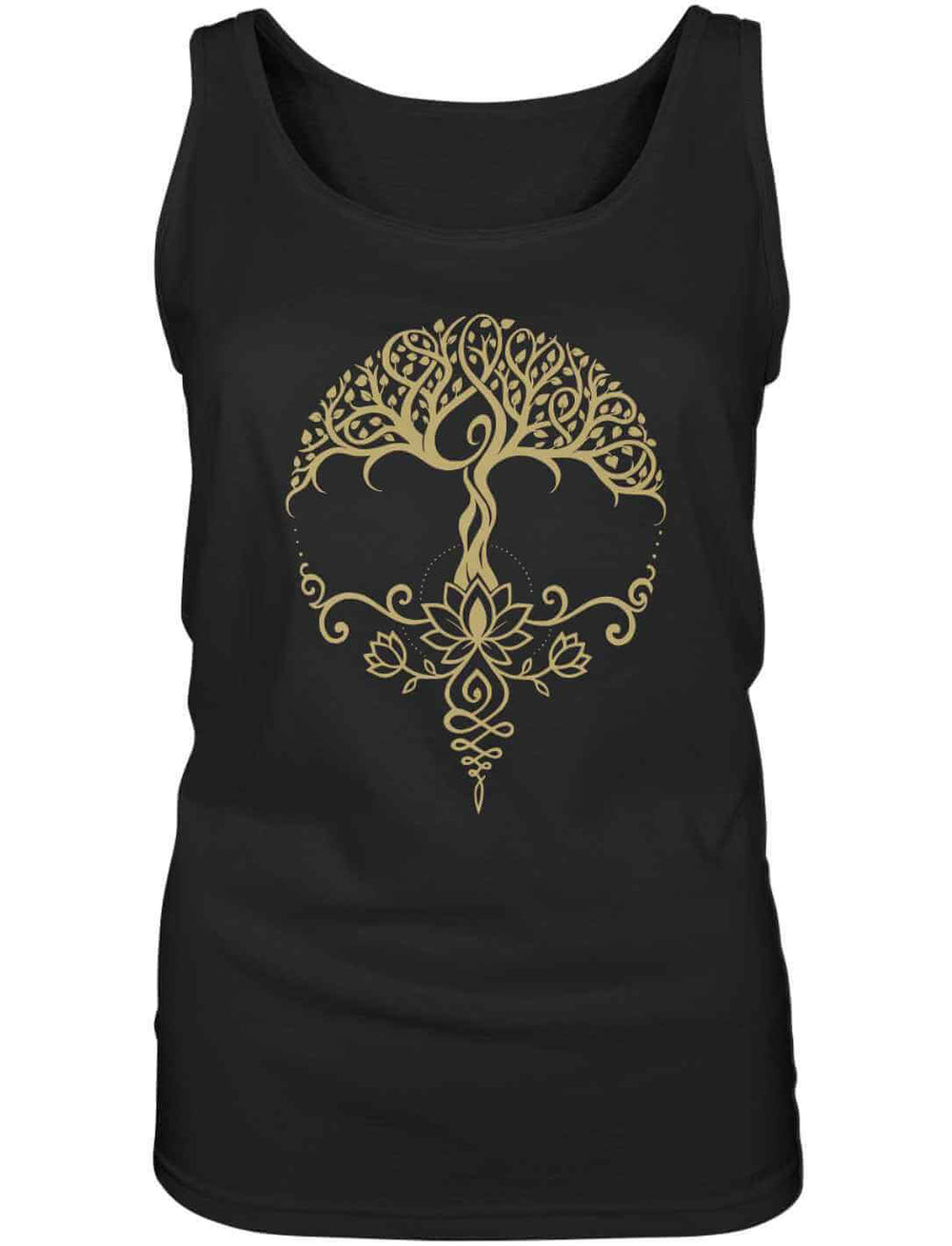 Schwarzes Damen Tank Top mit goldenem Lebensbaum-und-Lotus-Motiv – schlicht & symbolstark