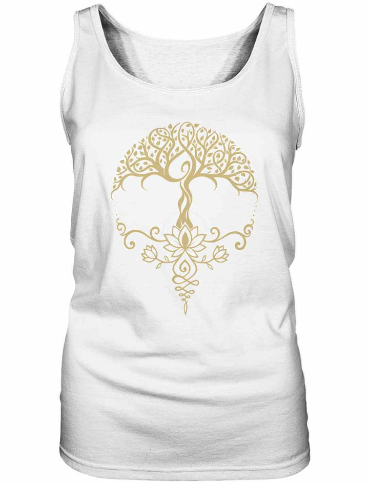 Weißes Damen Tank Top mit goldenem Lebensbaum-und-Lotus-Motiv – hell, klar & spirituell