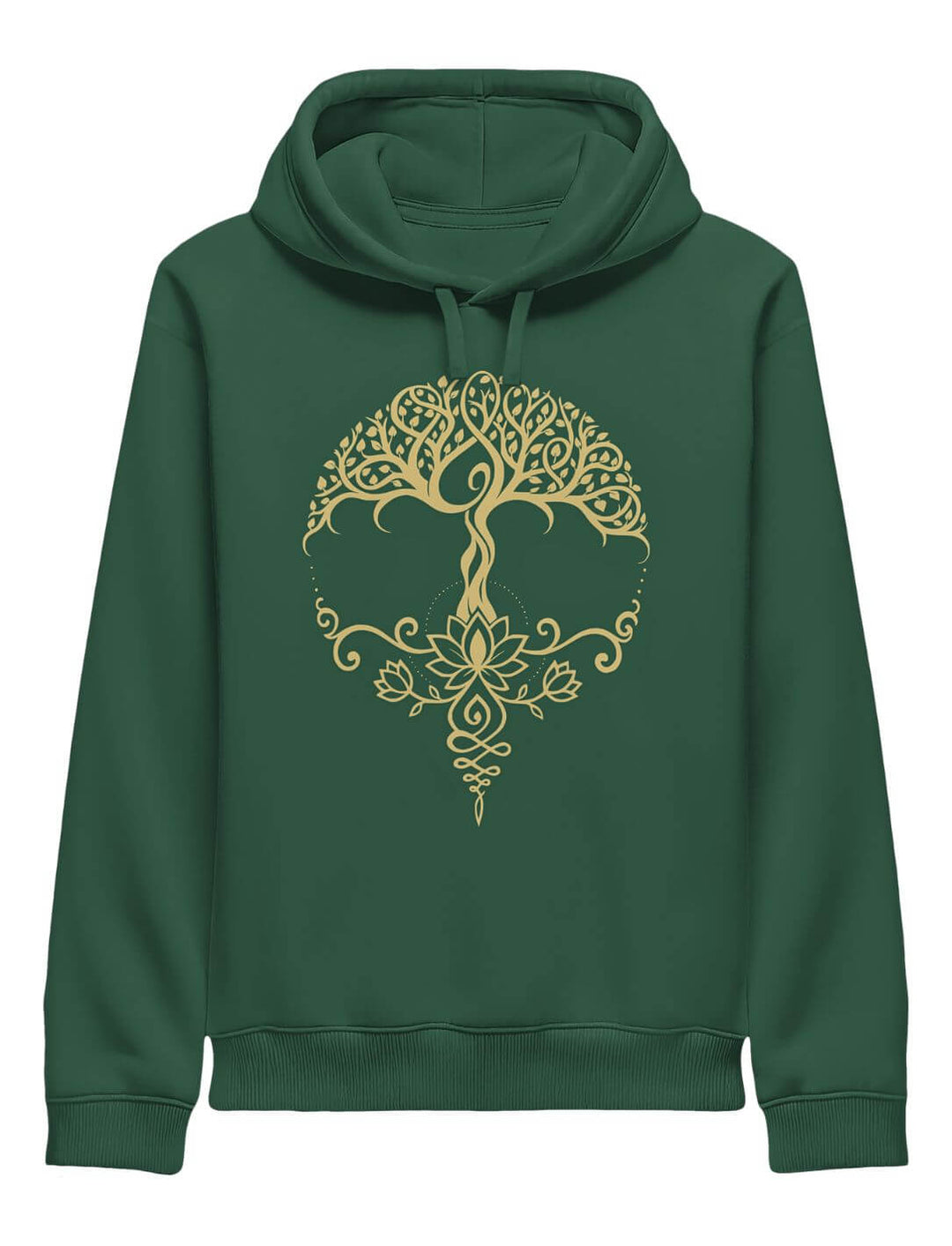  Unisex Bio-Hoodie in bottle green, goldener Lebensbaum mit stilisiertem Lotus-Muster, seitliche Taschen, lange Ärmel.