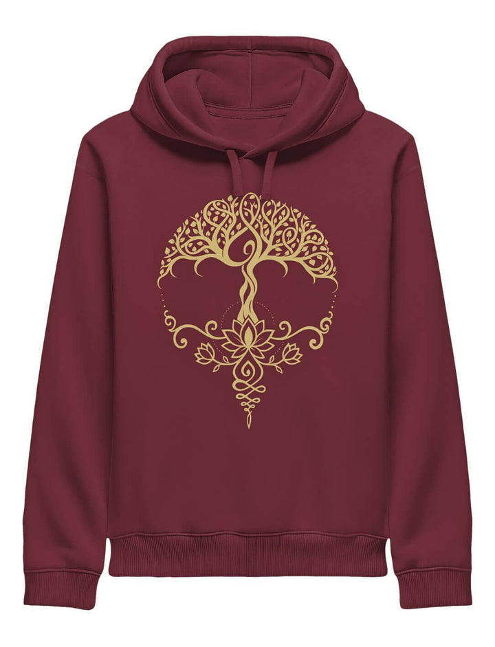 Unisex Bio-Hoodie in Bordeaux, goldfarbener Lebensbaum und Lotus-Print mittig auf der Vorderseite, Kapuze mit Kordelzug.