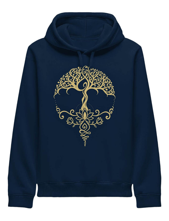 Unisex Bio-Hoodie in French Navy, goldenes Lebensbaum-Symbol mit feinen Lotus-Details, normale Passform.