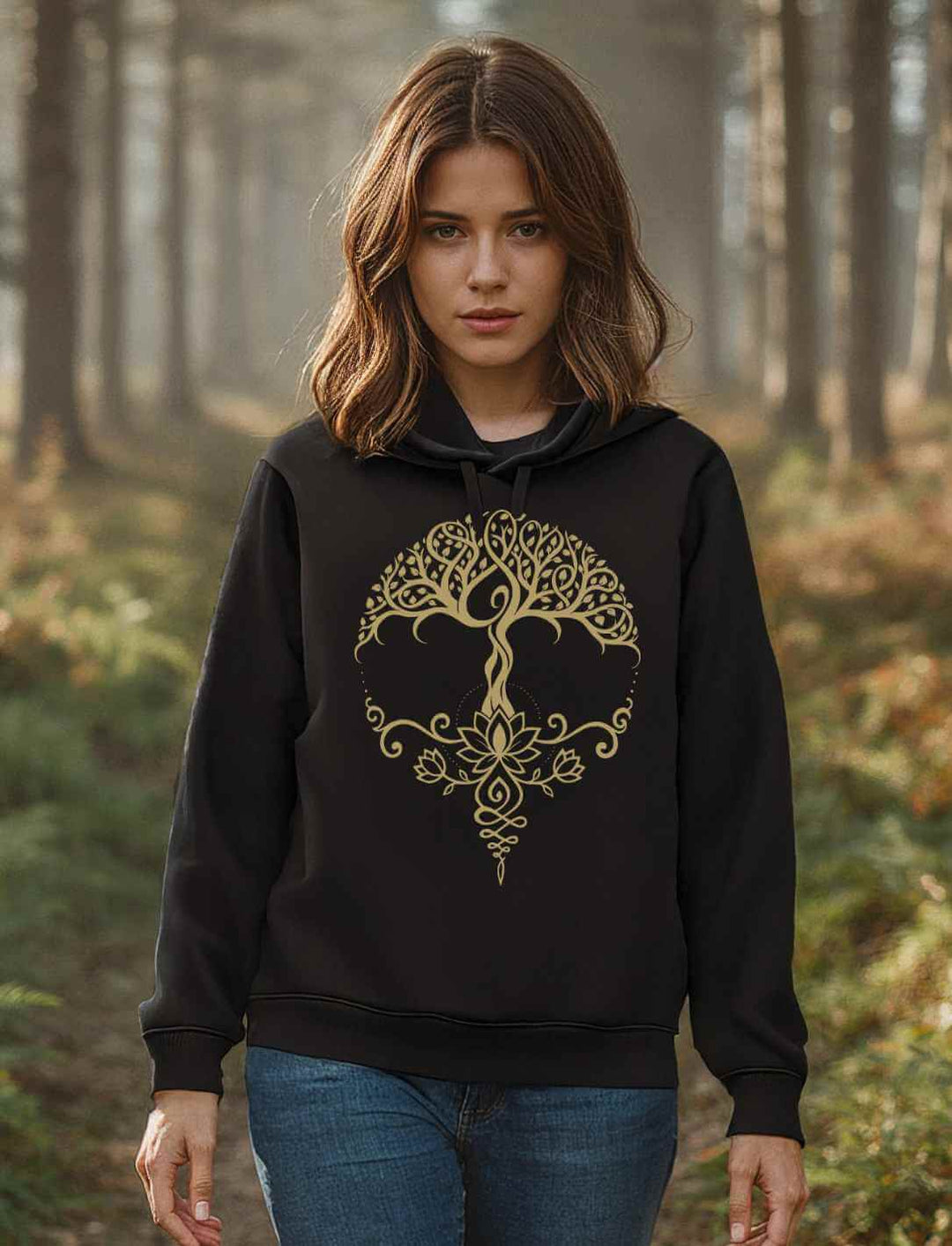Junge Frau steht im Wald, trägt einen schwarzen Bio-Hoodie mit goldfarbenem Lebensbaum- und Lotus-Design auf der Brust, lange Ärmel, Kapuze auf dem Rücken.