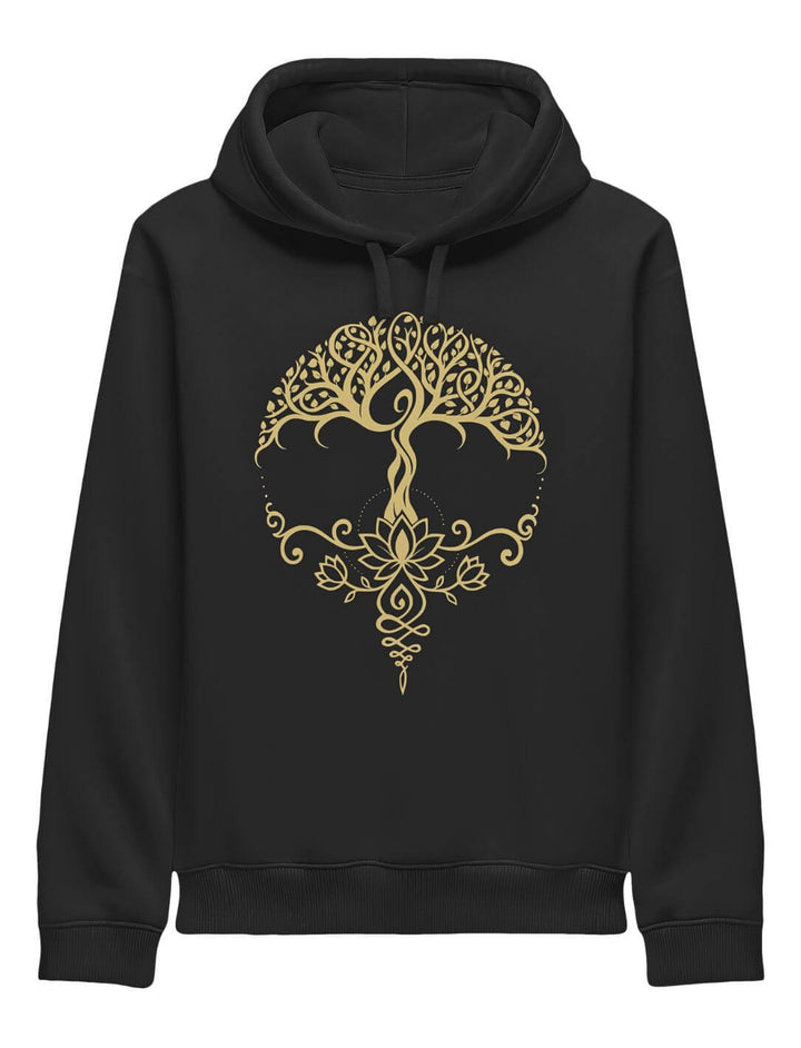 Unisex Bio-Hoodie in Schwarz, goldener Lebensbaum mit Lotus-Ornamenten, frontale Ansicht ohne Model.