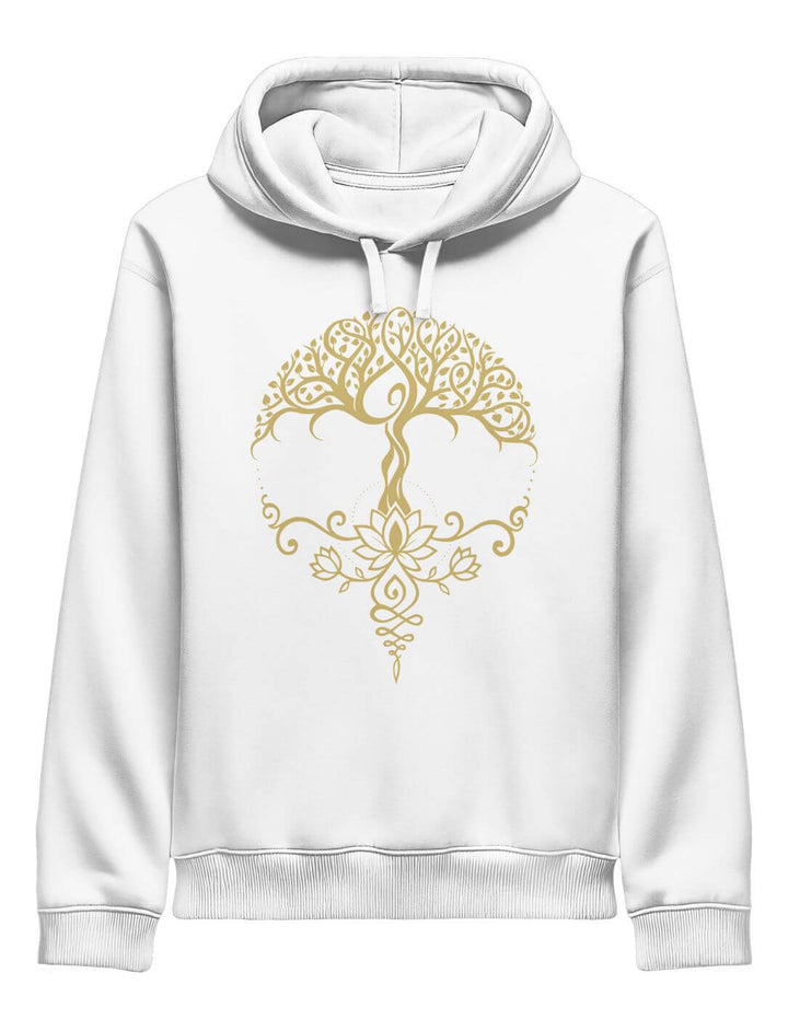 Unisex Bio-Hoodie in Weiß, verziert mit goldfarbenem Lebensbaum- und Lotus-Motiv, locker geschnitten, frontale Ansicht.
