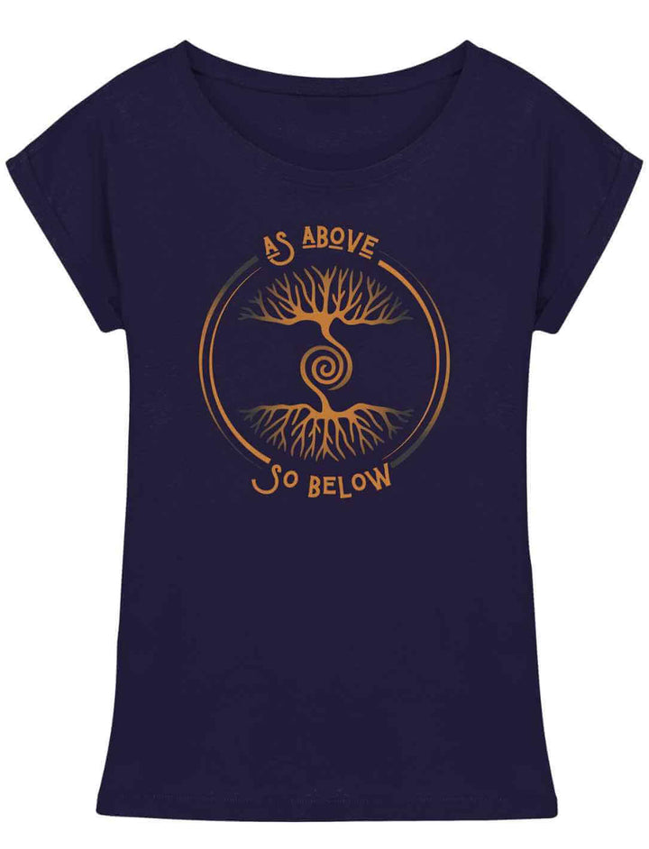 Damen Shirt „Lebenswurzel der Verbundenheit“ in Navy-Blau mit kupferfarbenem Weltenbaum-Design