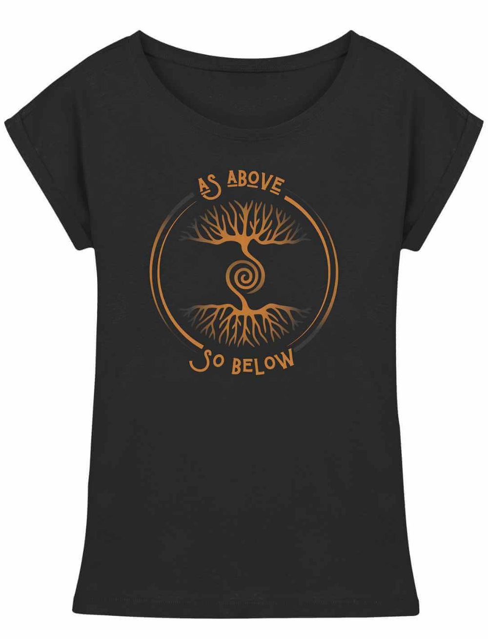 Damen Shirt „Lebenswurzel der Verbundenheit“ in Schwarz mit kupferfarbenem Weltenbaum-Print