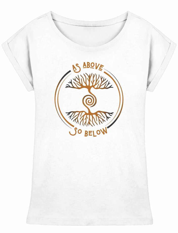 Damen Shirt „Lebenswurzel der Verbundenheit“ in Weiß mit kupferfarbenem Motiv „As Above, So Below“