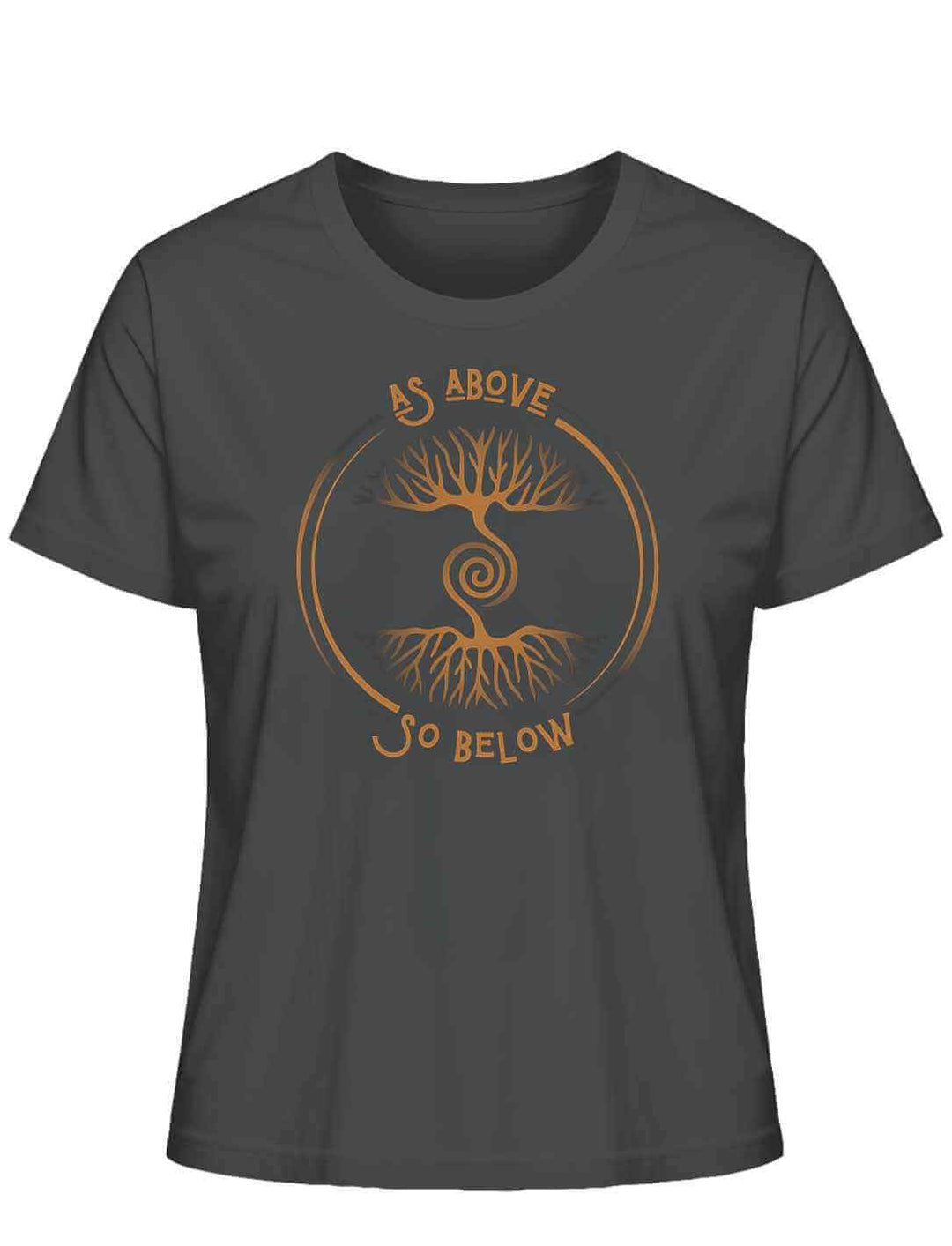 Damen Organic Shirt „Lebenswurzel der Verbundenheit“ in Petrol mit kupferfarbenem Motiv