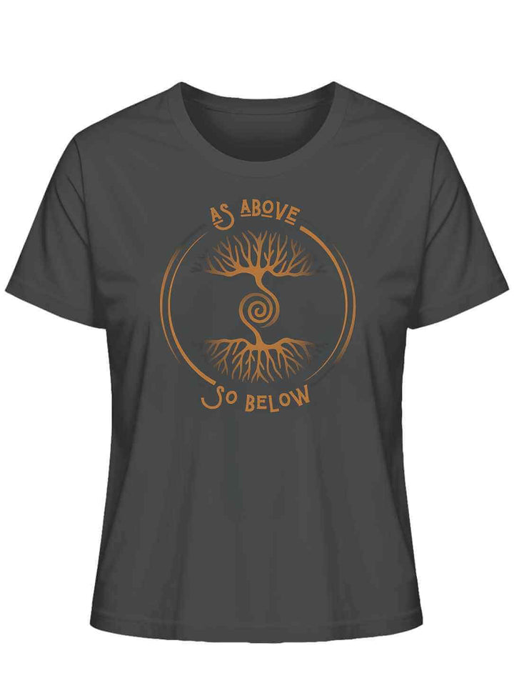Damen Organic Shirt „Lebenswurzel der Verbundenheit“ in Petrol mit kupferfarbenem Motiv