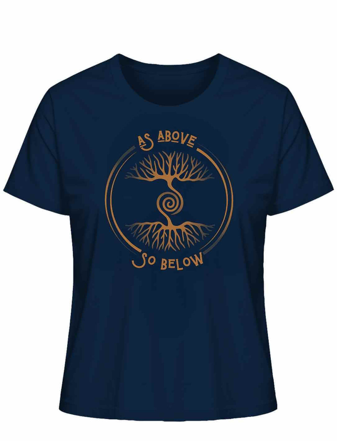 Damen Organic Shirt „Lebenswurzel der Verbundenheit“ in Navy-Blau mit Spirale und Weltenbaum-Symbol