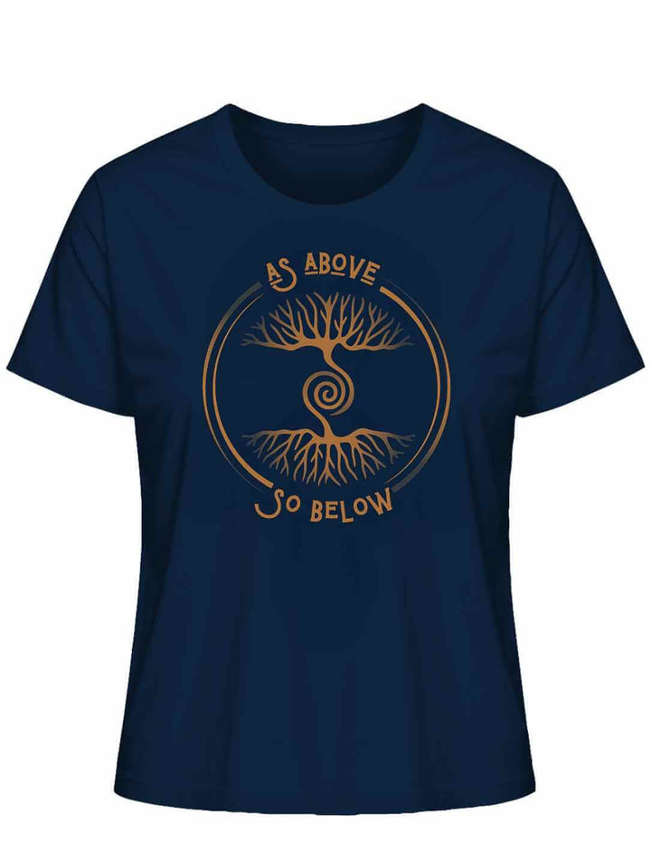 Damen Organic Shirt „Lebenswurzel der Verbundenheit“ in Navy-Blau mit Spirale und Weltenbaum-Symbol