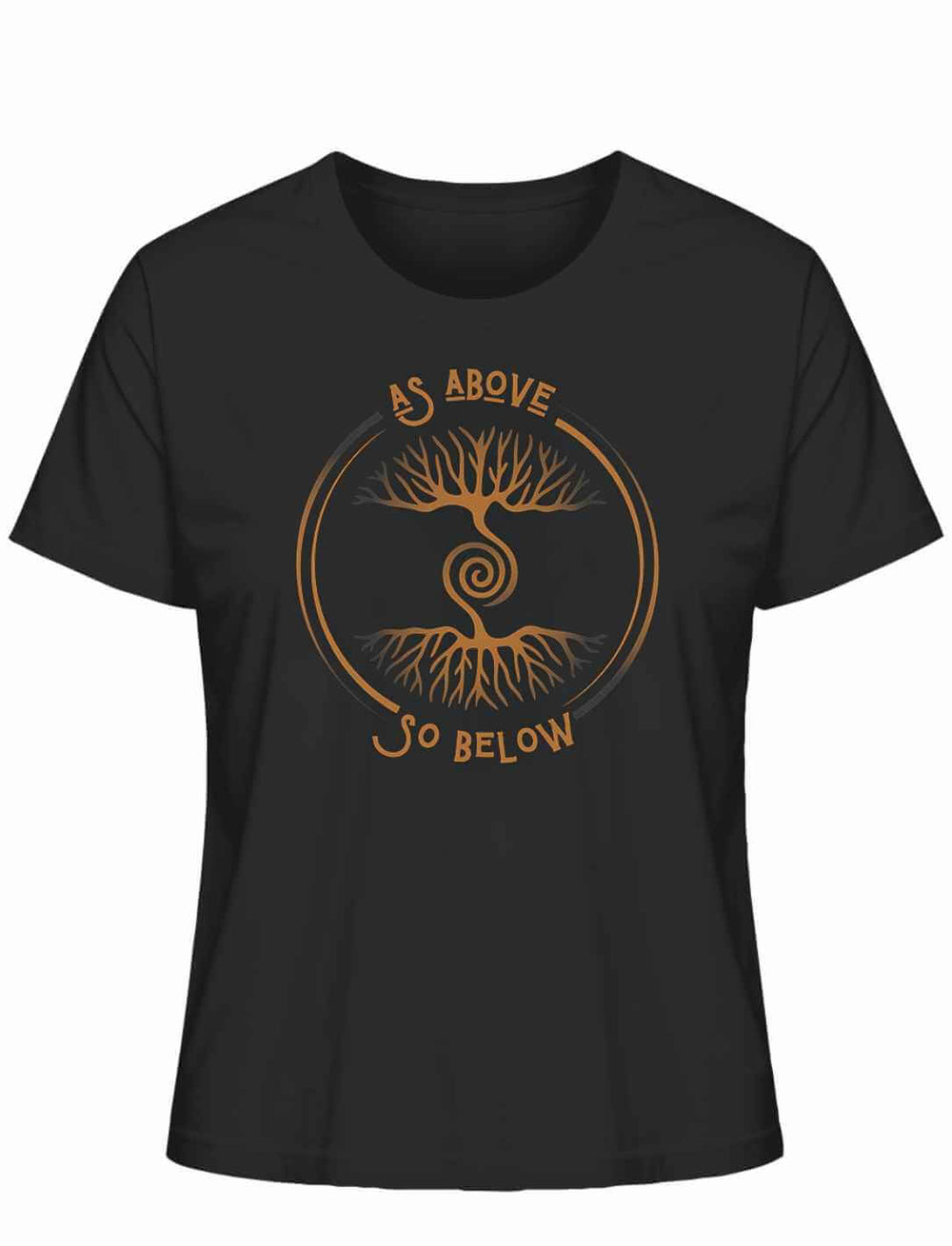 Damen Organic Shirt „Lebenswurzel der Verbundenheit“ in Schwarz mit kupferfarbenem Weltenbaum-Motiv